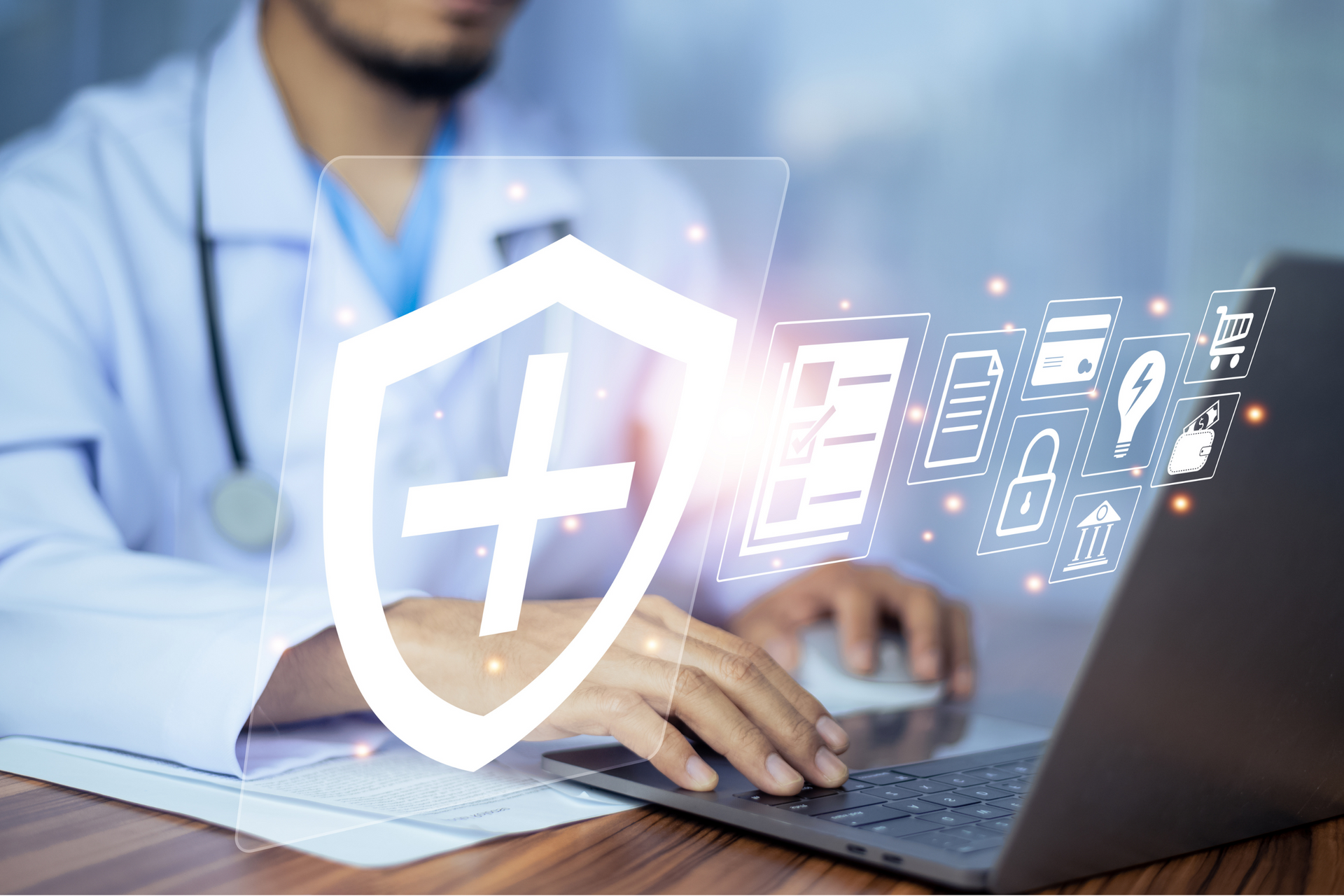 A close-up of a doctor navigating his web-based billing software on his laptop with a cybersecurity symbol superimposed.