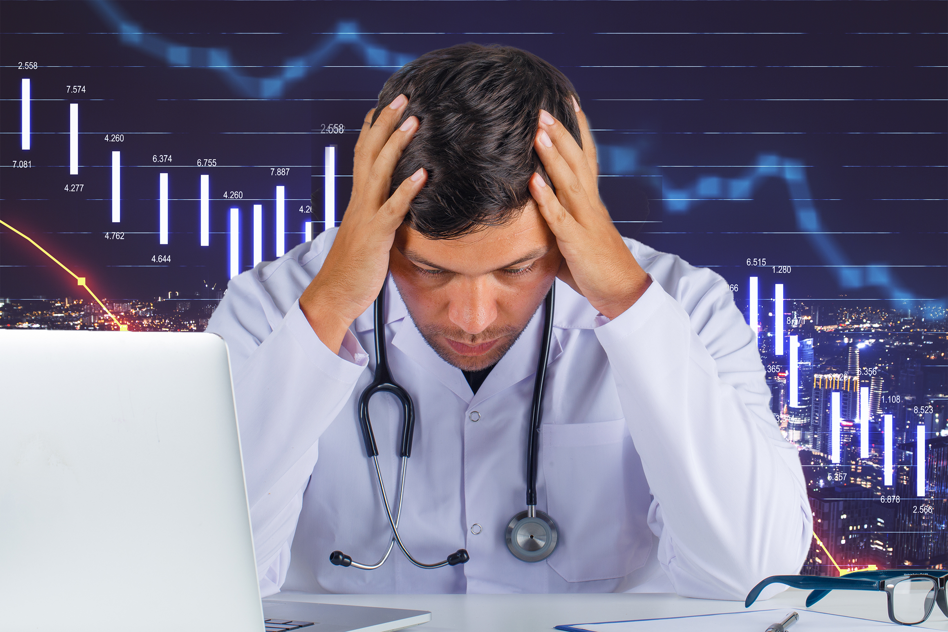 A doctor holding his head in visible distress with a graph serving as a background.