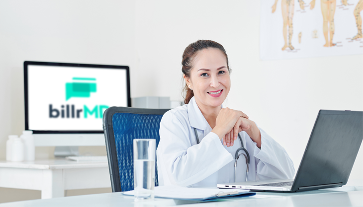 A female doctor on her laptop smiling to the camera while a billrMD free medical software logo is displayed in the background.