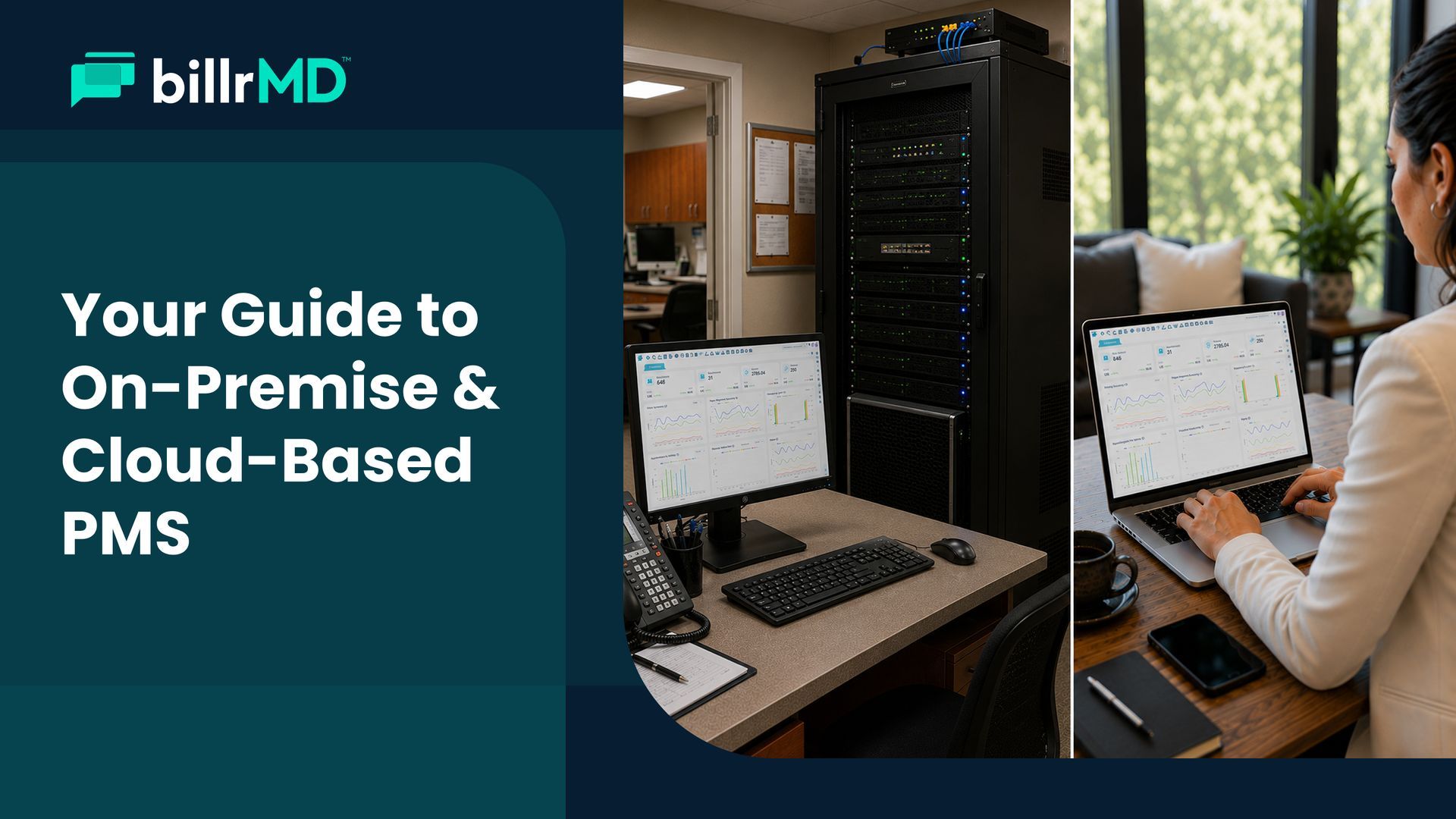 Healthcare administrator comparing on-premise server setup and cloud-based practice management softw