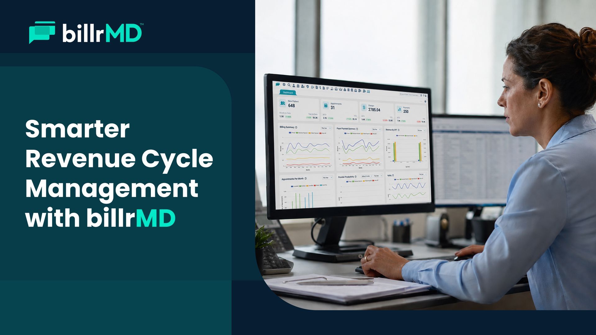 Medical billing specialist using practice management software to review revenue cycle management dat