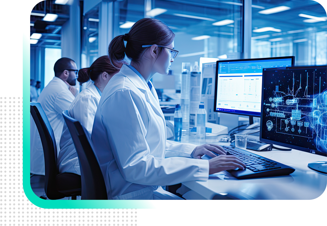 A group of scientists are working on computers in a lab.