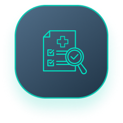 An icon of a checklist with a magnifying glass and a check mark.