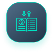 An icon of a book with a dollar sign and arrows pointing up and down.