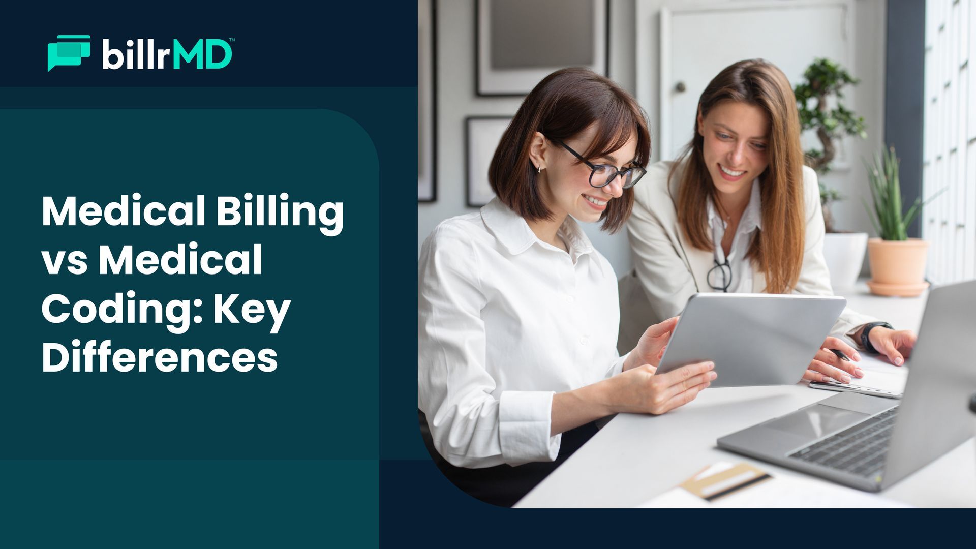 A medical coder and a medical biller working in a modern healthcare office, representing the differe