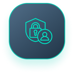 A blue icon with a padlock and a person in a circle.