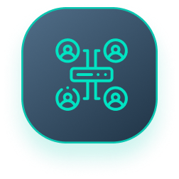 A blue and green icon of a server with people in circles around it.