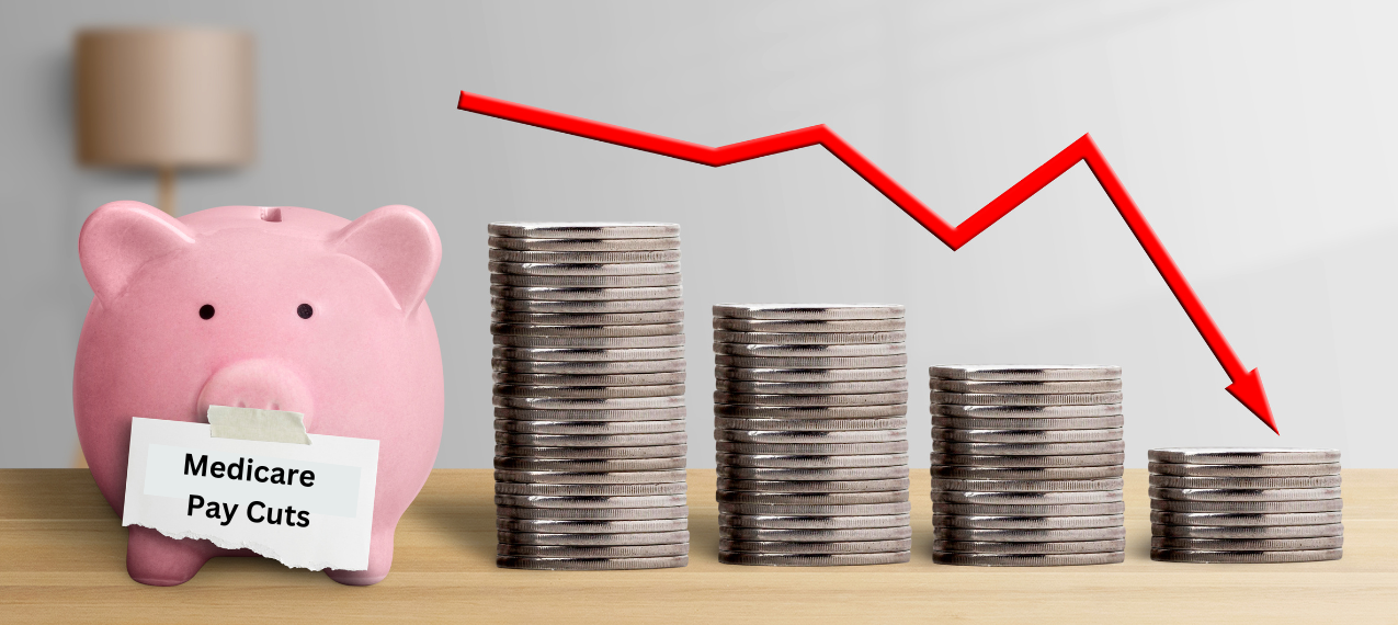 A piggy bank with a Medicare pay cut note pinned to its mouth and a stack of coins on the side.