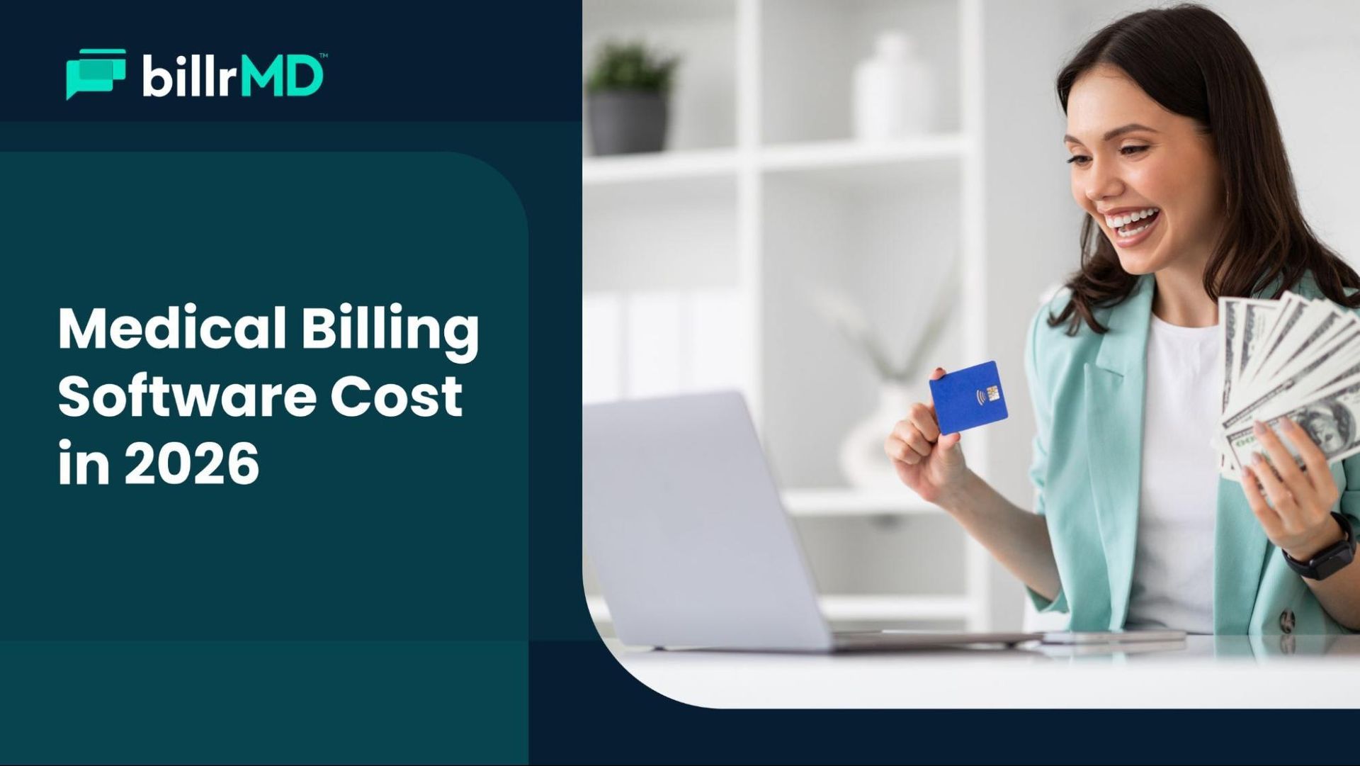 Practice manager reviewing medical billing software pricing plans on a laptop in a clinic office.