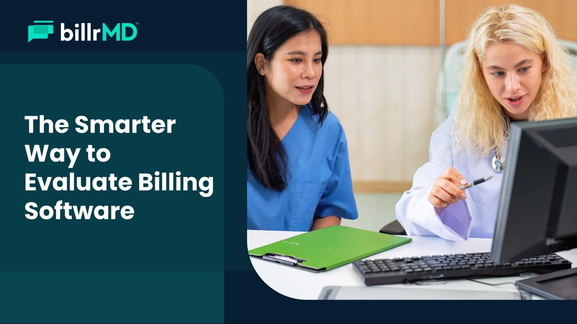 A practice administrator comparing medical billing software options at a desk in a modern healthcare