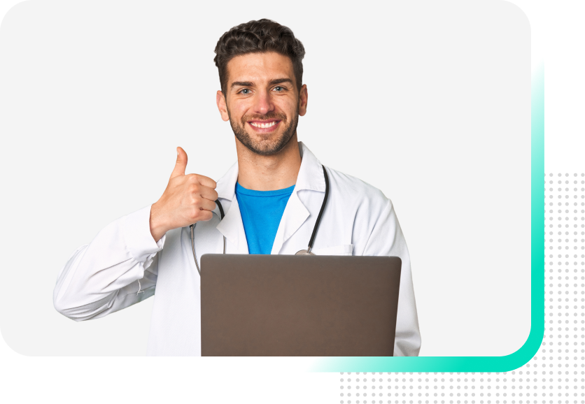 A man is sitting at a table talking to two doctors.