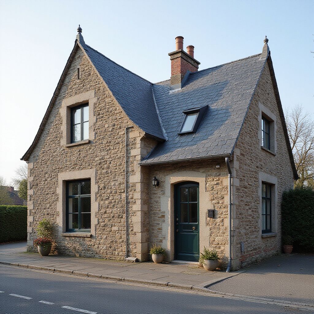 Maison en pierre avec un toit d'ardoise pentu, une porte verte, de petites fenêtres et des plantes en pot.