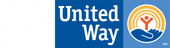United Way logo: White text on blue background, a hand supporting a person inside a sun shape.