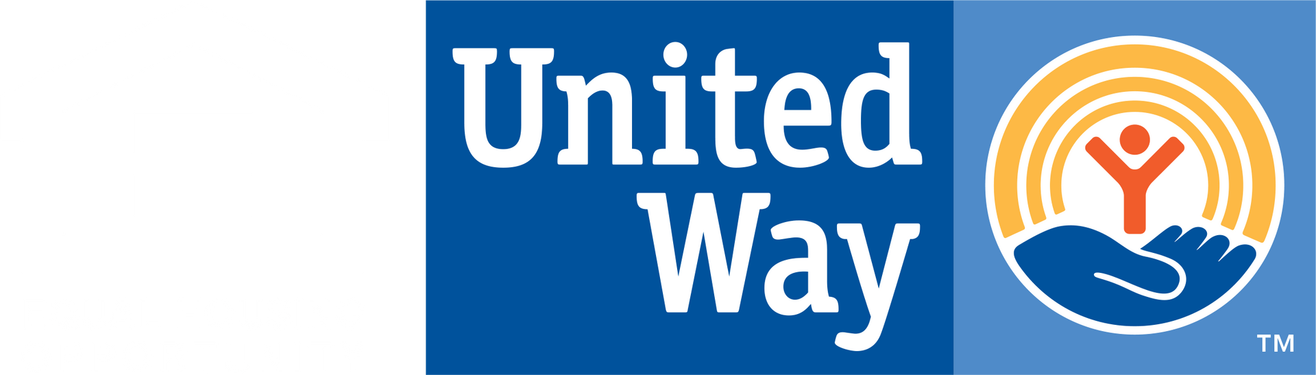 United Way logo: White text on blue background, a hand supporting a person inside a sun shape.