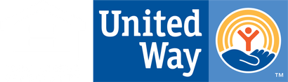 United Way logo: White text on blue background, a hand supporting a person inside a sun shape.