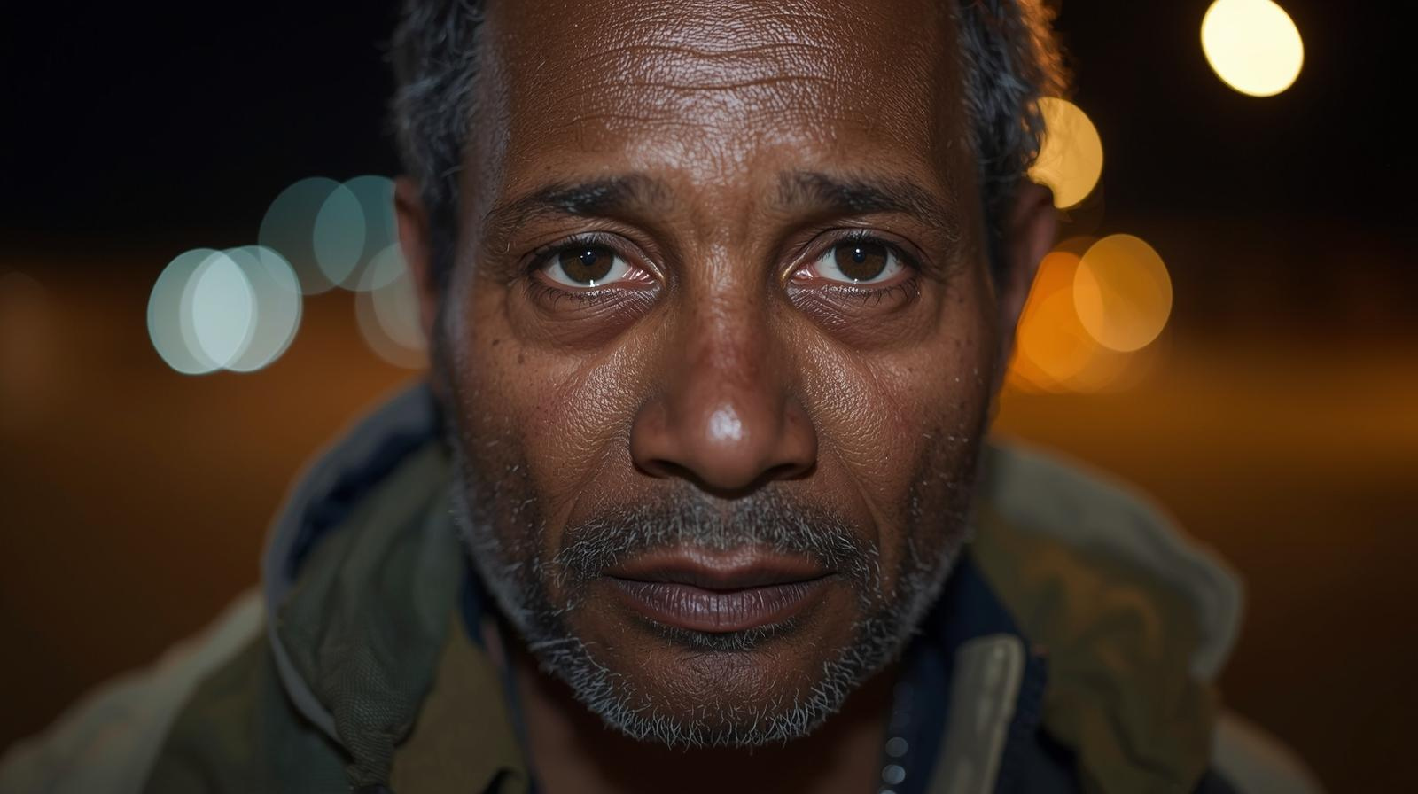 Man's face, close-up, outdoors at night, looking at camera. Sweaty skin, bokeh lights in background.
