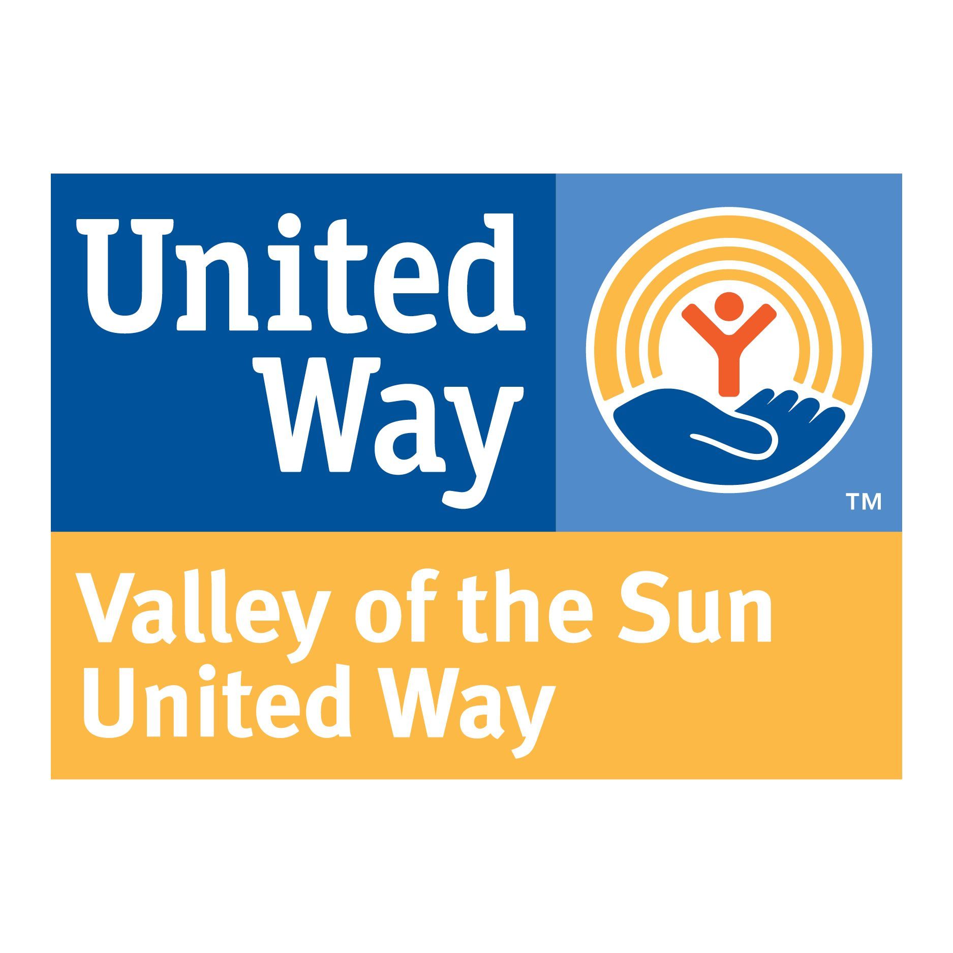 United Way logo: Blue and gold boxes with text, stylized hand holding sun.