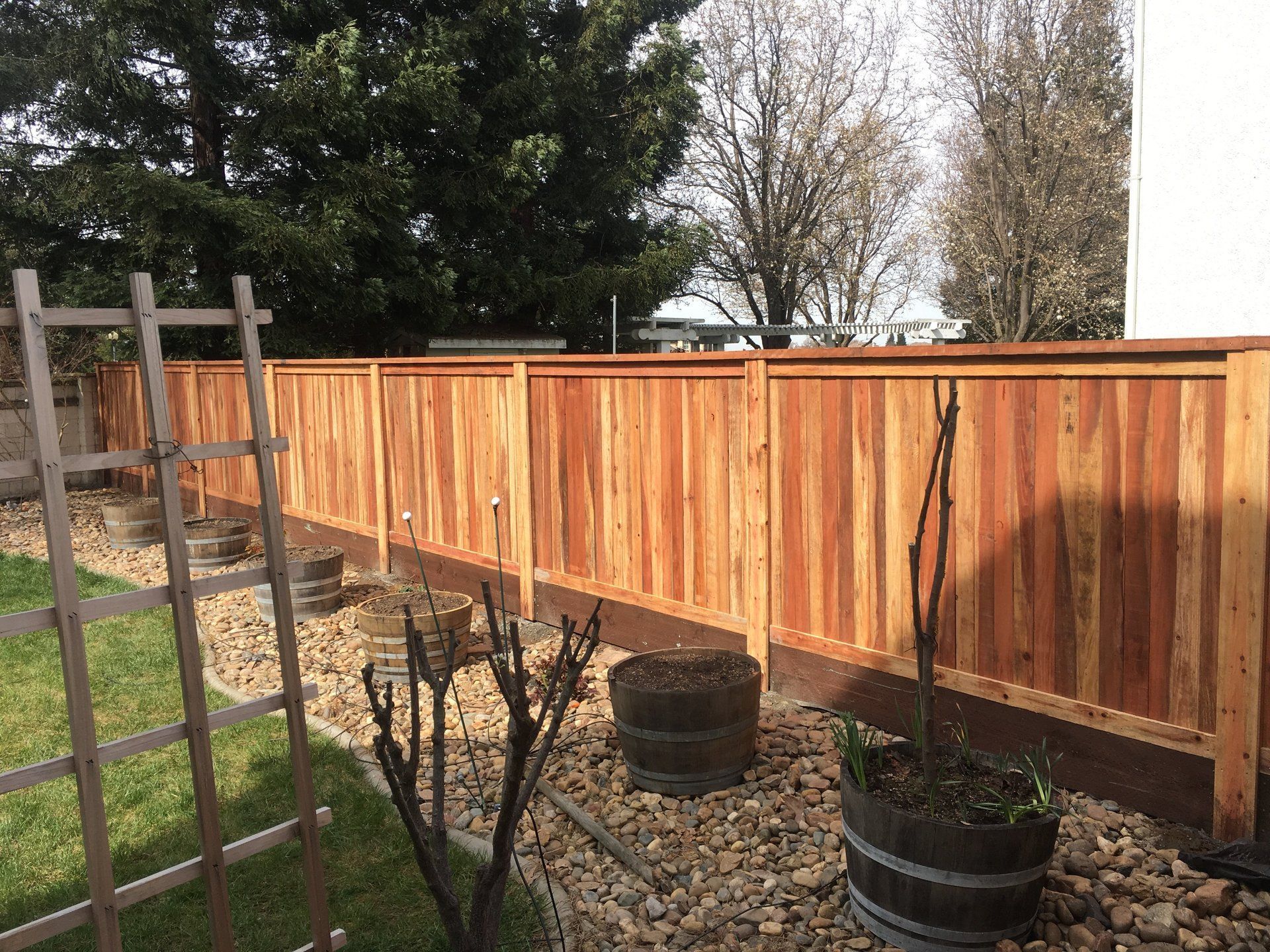A wooden fence is surrounded by rocks and trees in a backyard.