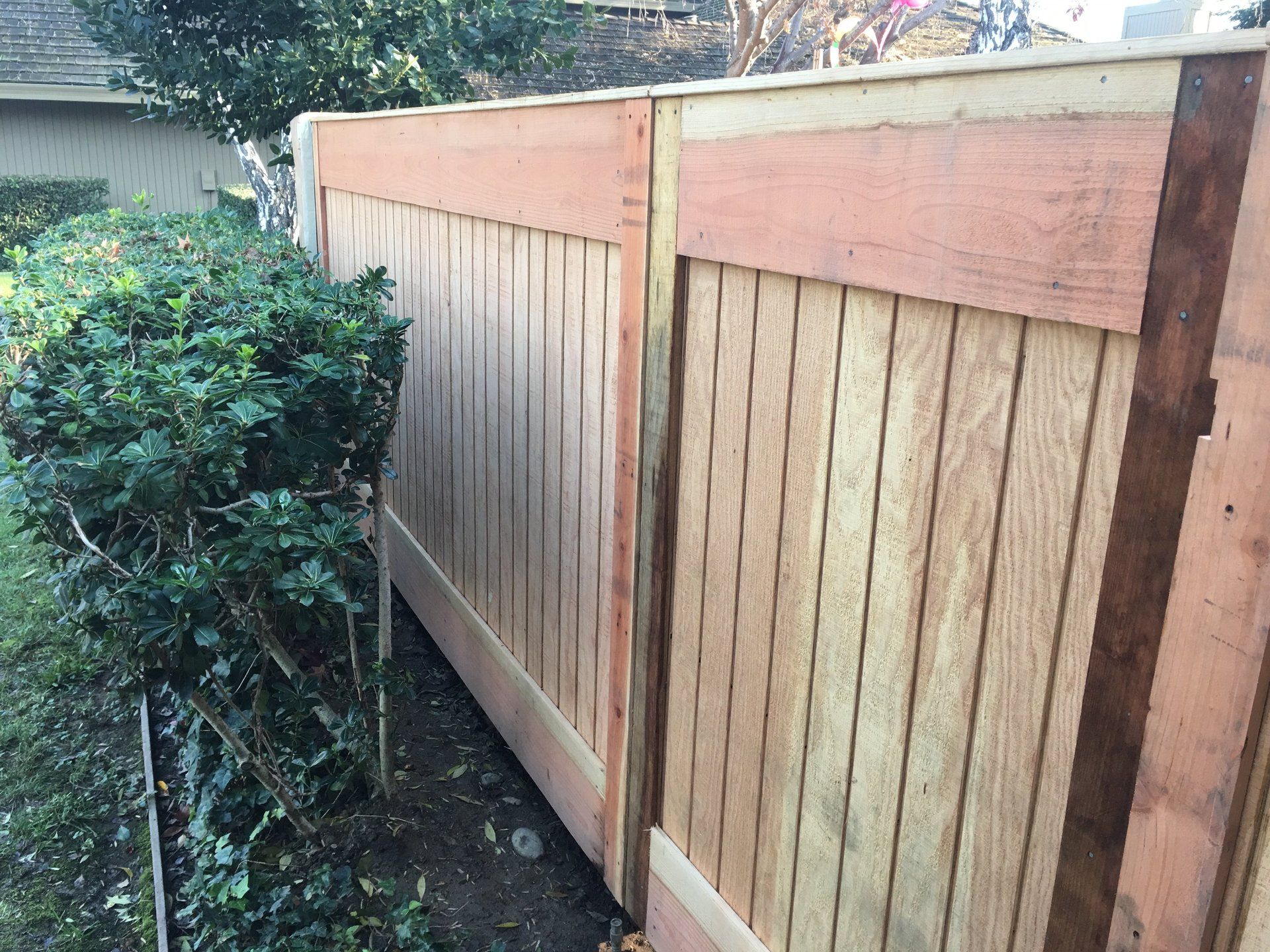 A wooden fence is surrounded by trees and bushes.