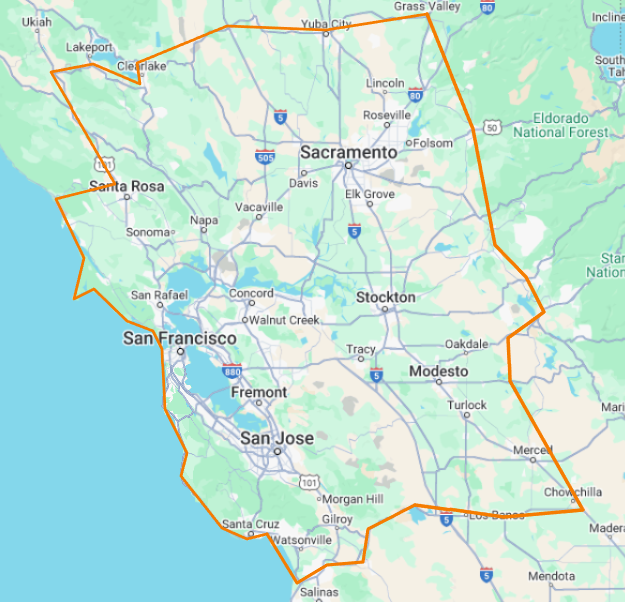 A map of california with a circle around sacramento.
