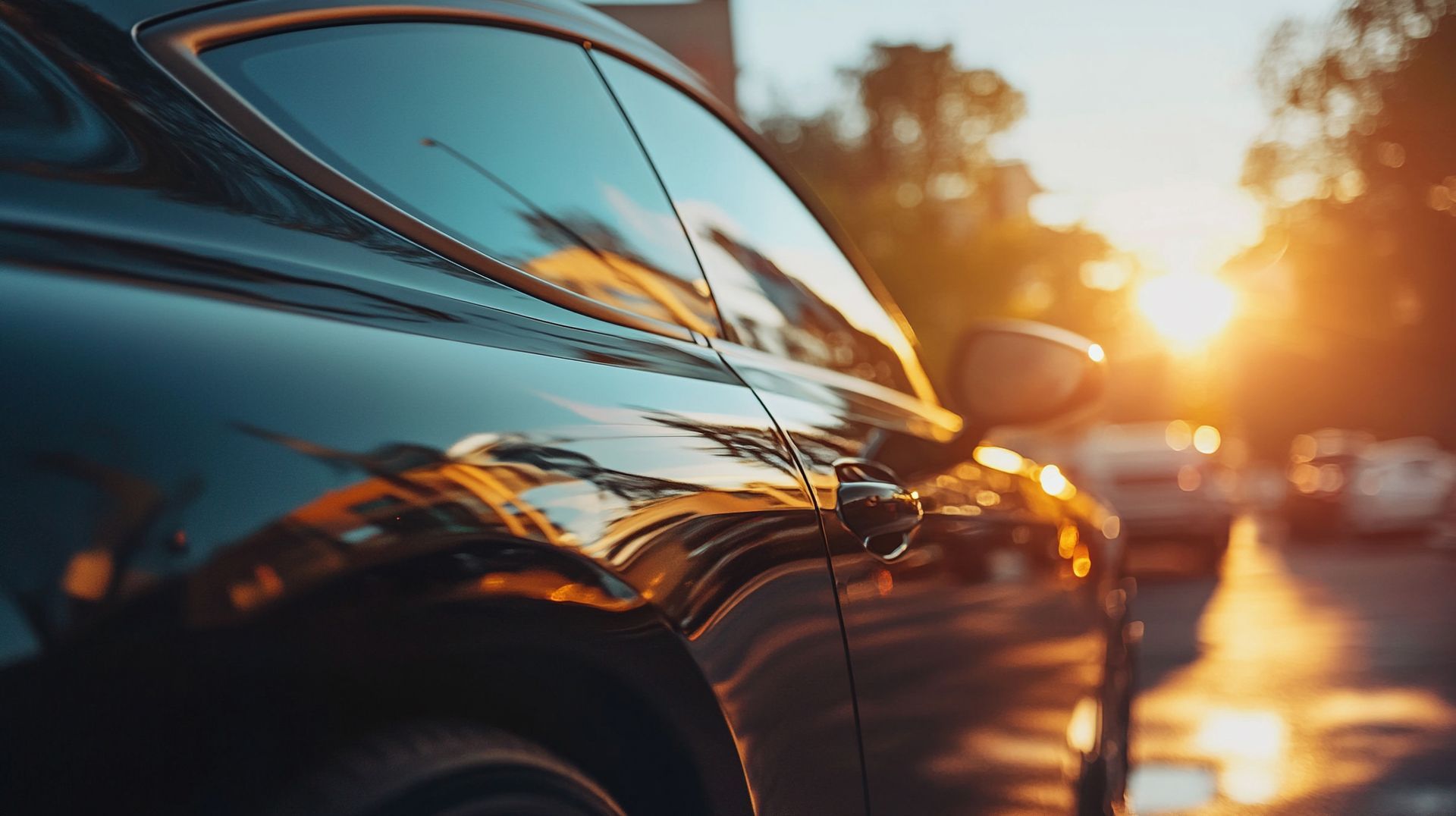 A black car reflecting a sunset, parked on a street.