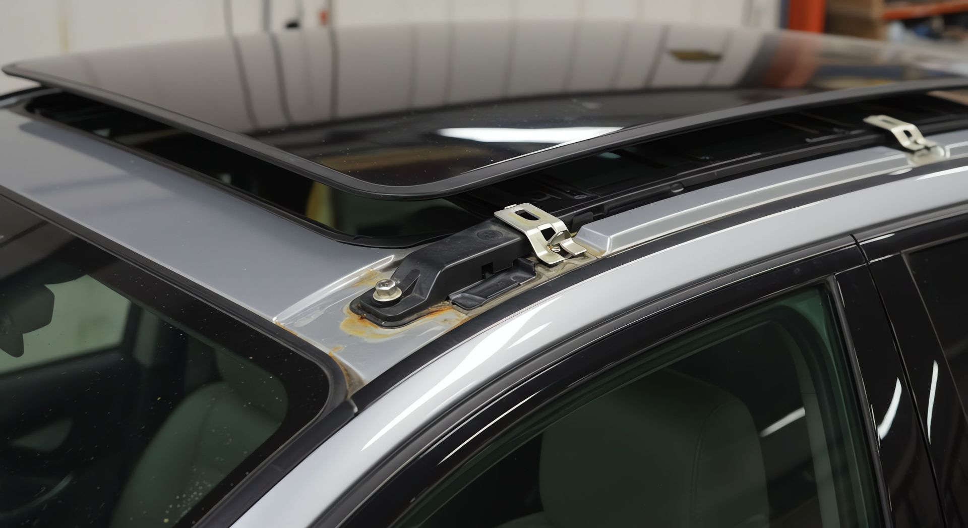 Silver car roof with a sunroof. Metal roof rack and open sunroof visible.