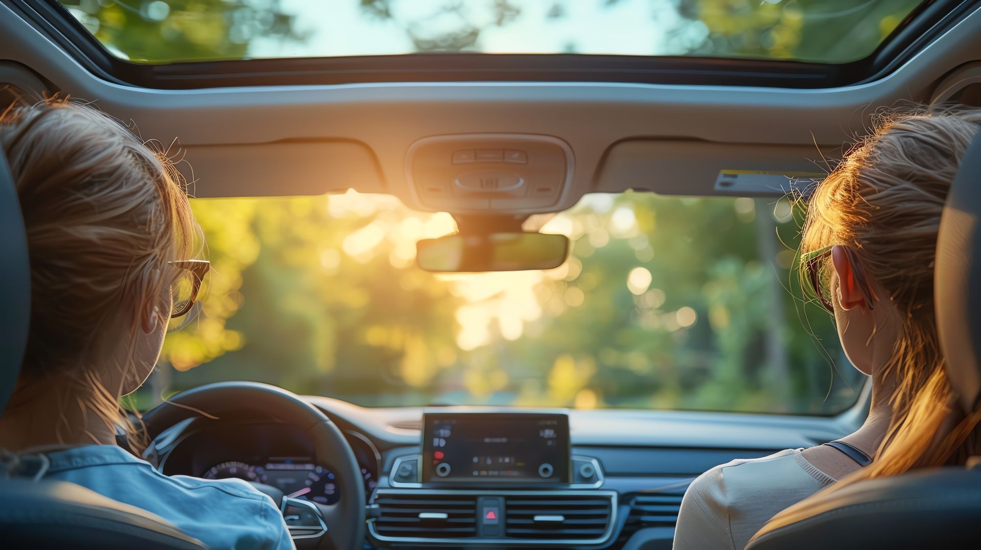 Two people in a car with a sunroof, looking forward at a bright, sunny scene.