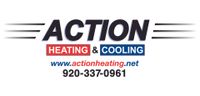 A logo for action heating and cooling with a phone number