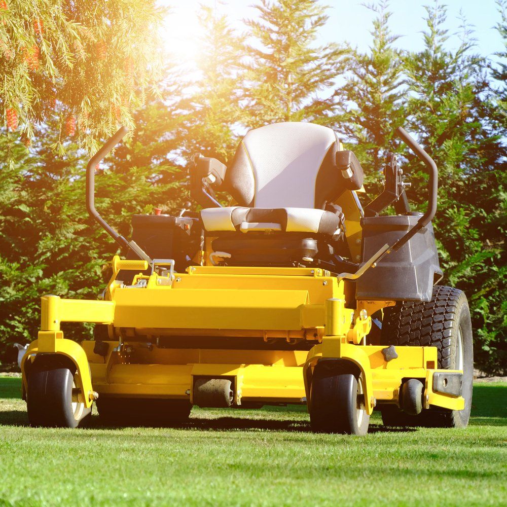 A Yellow Lawn Mower is Sitting on Top of a Lush Green Lawn — Coffs Chainsaw and Mower in Grafton, NSW
