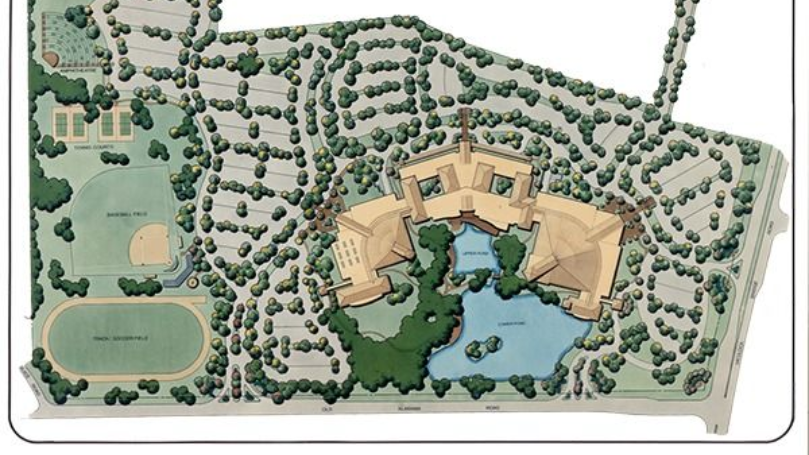 Park map with a building, pond, sports fields, and trees.