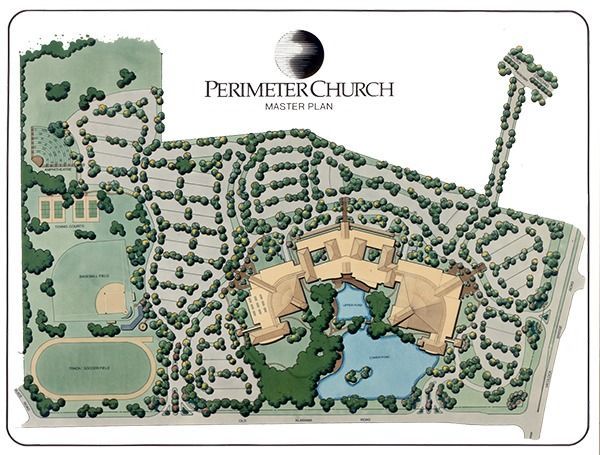 Overhead map of Perimeter Church with buildings, parking, landscaping, sports fields and a pond.