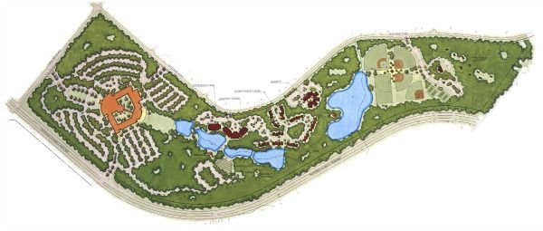 Bird's-eye view of a park with buildings, lakes, and green spaces, outlined by a curving path.