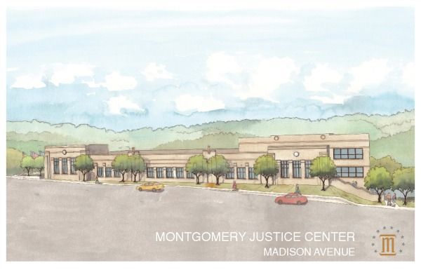 Montgomery Justice Center on Madison Avenue. Watercolor style exterior with trees and cars in front.