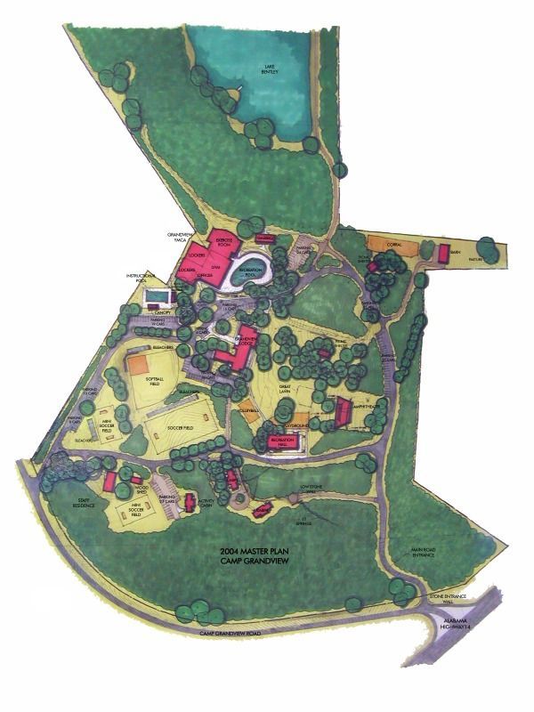 Map of a camp with buildings, a pool, pond, and playing fields.