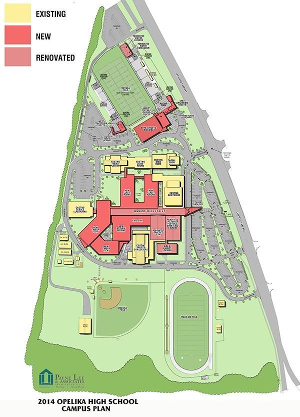 Campus plan of Opelika High School, showing existing, new, and renovated buildings in yellow, red, and pink, respectively.