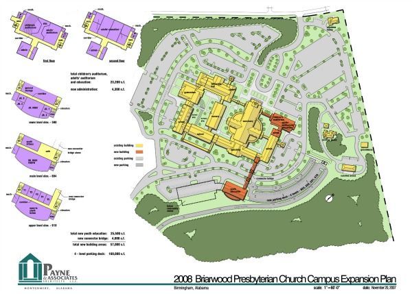 Plan for the 2006 expansion of the Blakenwood Presbyterian Church campus. Layout shows buildings, parking, and landscaping.