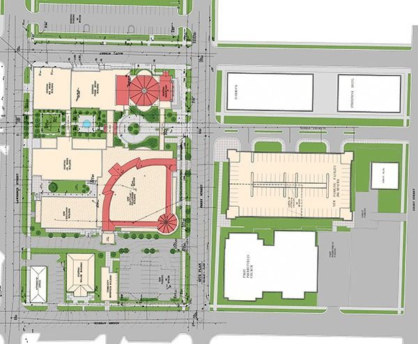Architectural site plan of a large complex with buildings, parking areas, and landscaping.