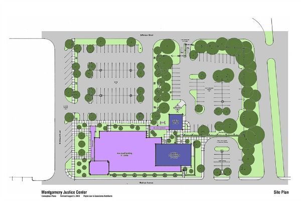 Site plan of Montgomery Justice Center, featuring buildings, parking, and landscaping.