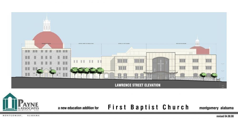 Architectural rendering of First Baptist Church in Montgomery, Alabama. Shows building elevations, a brick dome, and trees along Lawrence Street.