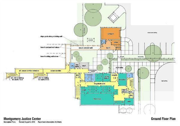 Floor plan of Montgomery Justice Center, showing building layout, parking, and outdoor areas.
