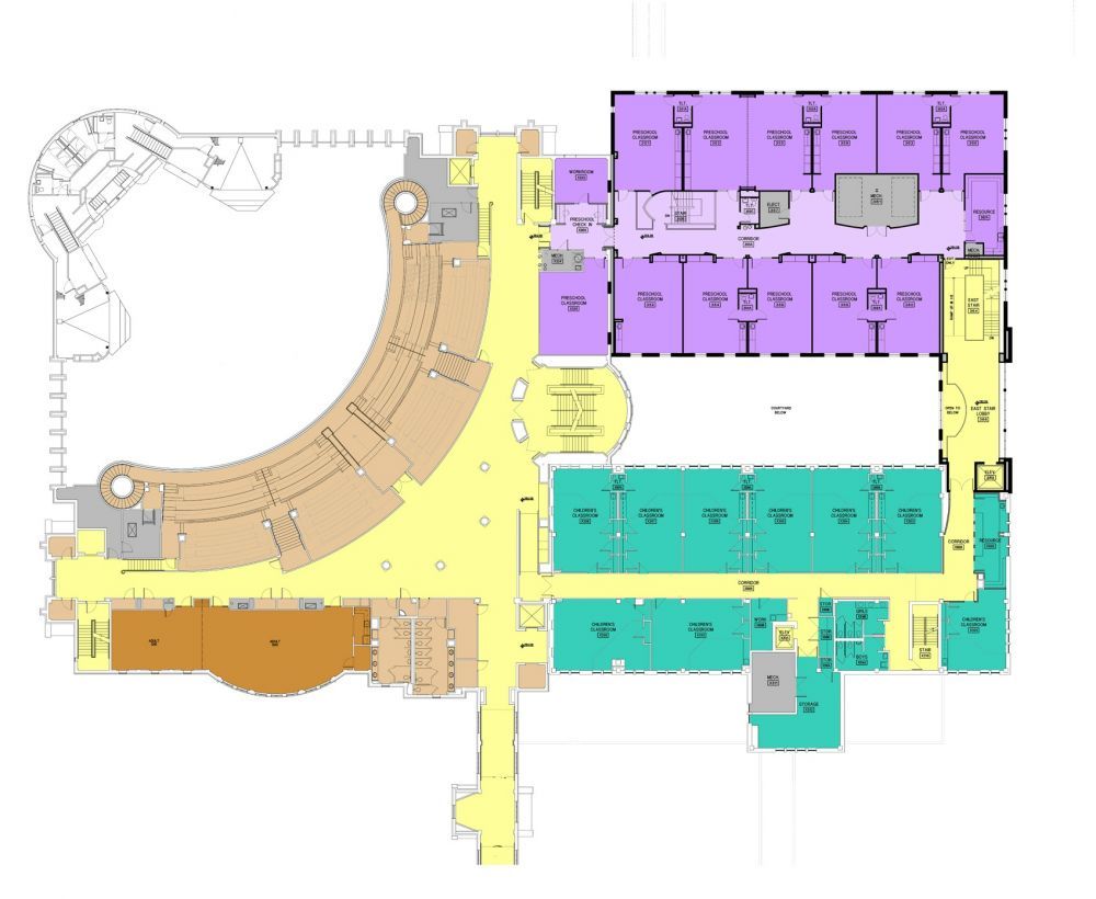 Floor plan with multi-colored rooms: purple, teal, gold. Curved hallways and stairwell on left.