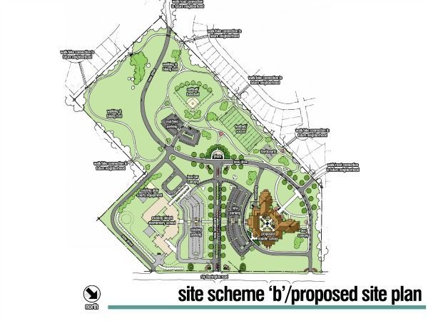 Proposed site plan of a facility, with buildings, parking, sports fields, and green spaces.