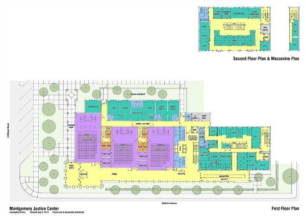 Floor plans of the Montgomery Justice Center. Colored sections show the layout. Includes a ground floor plan and first floor plan.