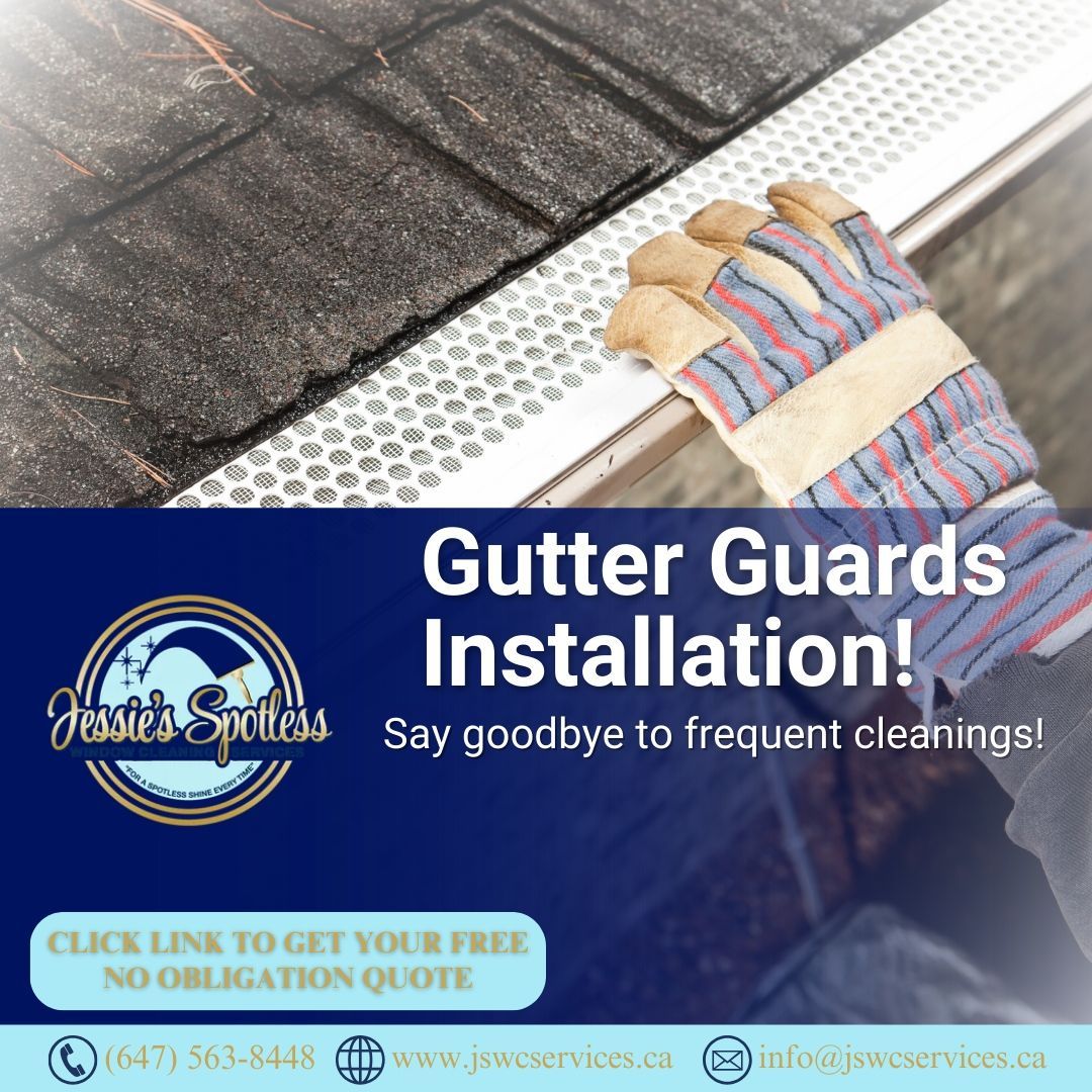 An advertisement for gutter guards installation with gloves on a gutter