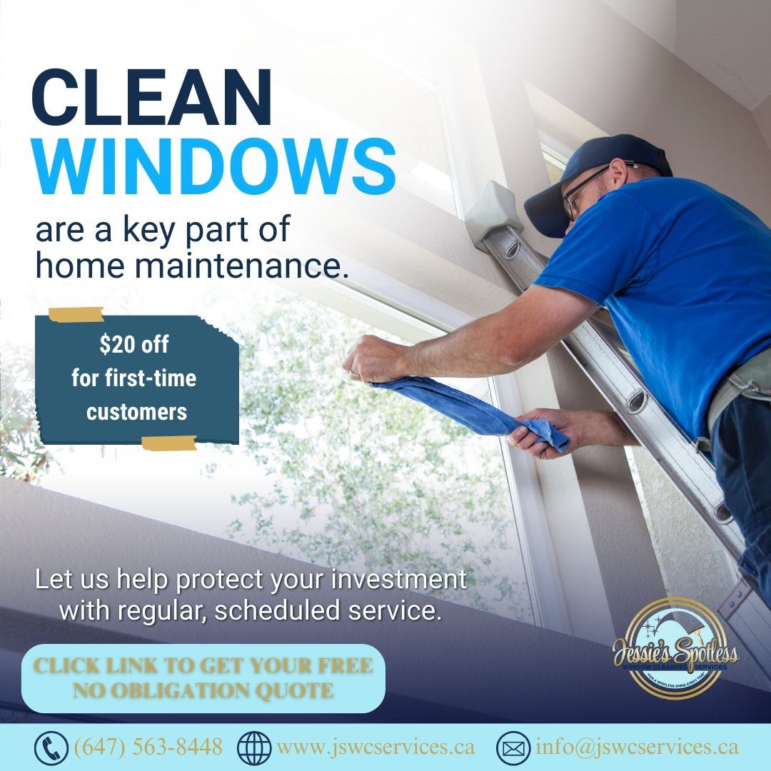 A man on a ladder cleaning a window with a sign that says clean windows are a key part of home maintenance
