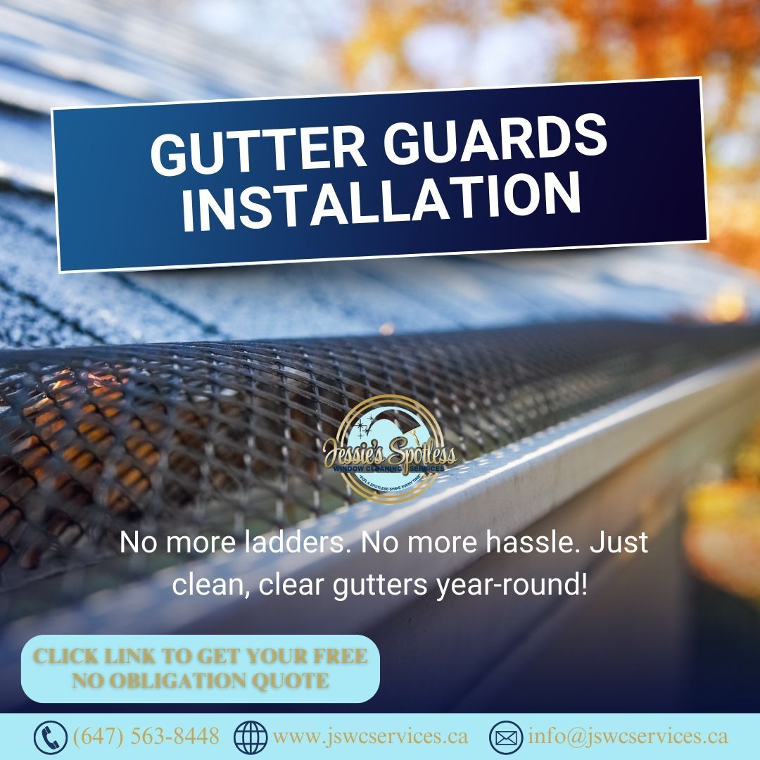 An advertisement for gutter guards installation with a picture of a gutter