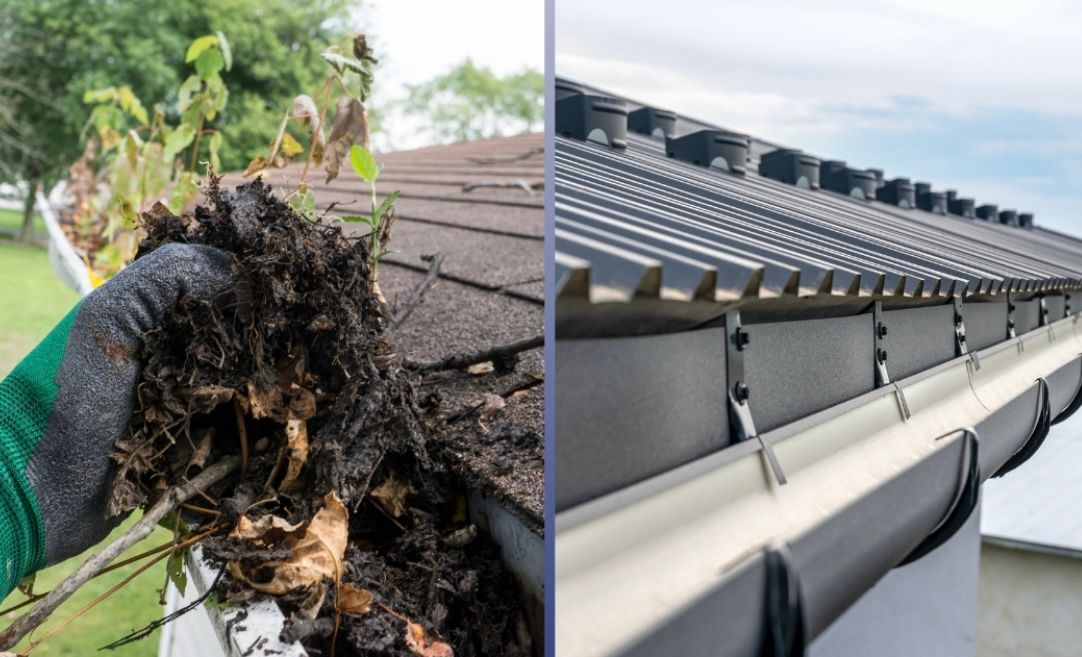 A person is cleaning a gutter next to a picture of a gutter.