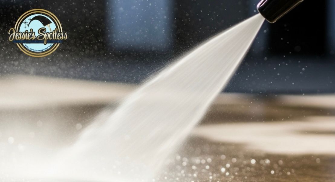 A person is using a high pressure washer to clean a floor.