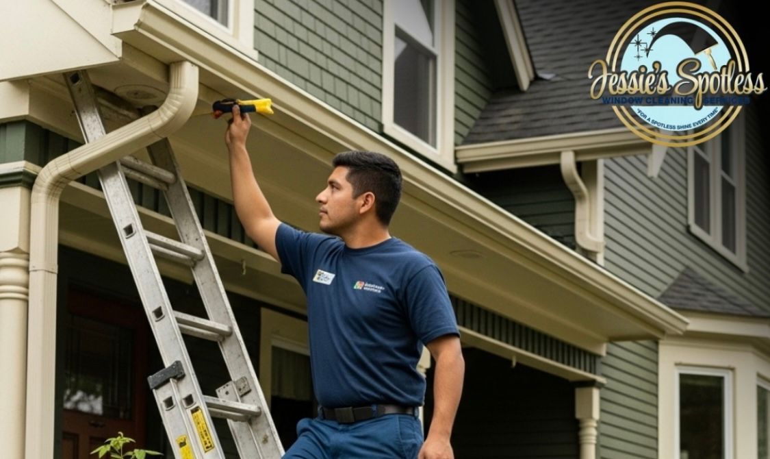A man on a ladder is measuring a gutter on a house.