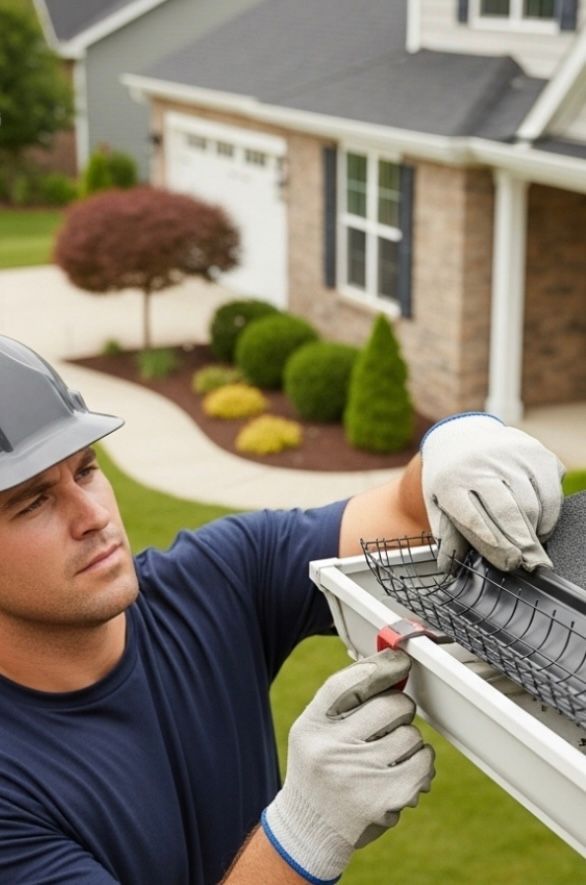 A man is working on a gutter in front of a house.